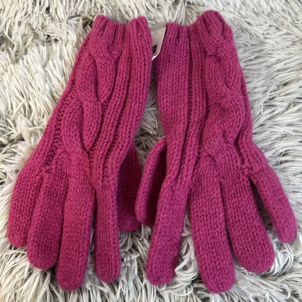 Vtg Y2K Pink Cable Knit Beanie O/S Winter Hat Gloves M/L Set GAP‎ Lamb's Wool
